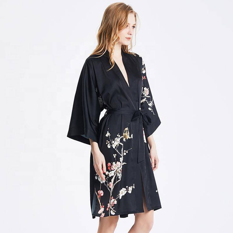 Short Silk Kimono Robe Cherry Blossom Silk Dressing Gown Black One size fits most