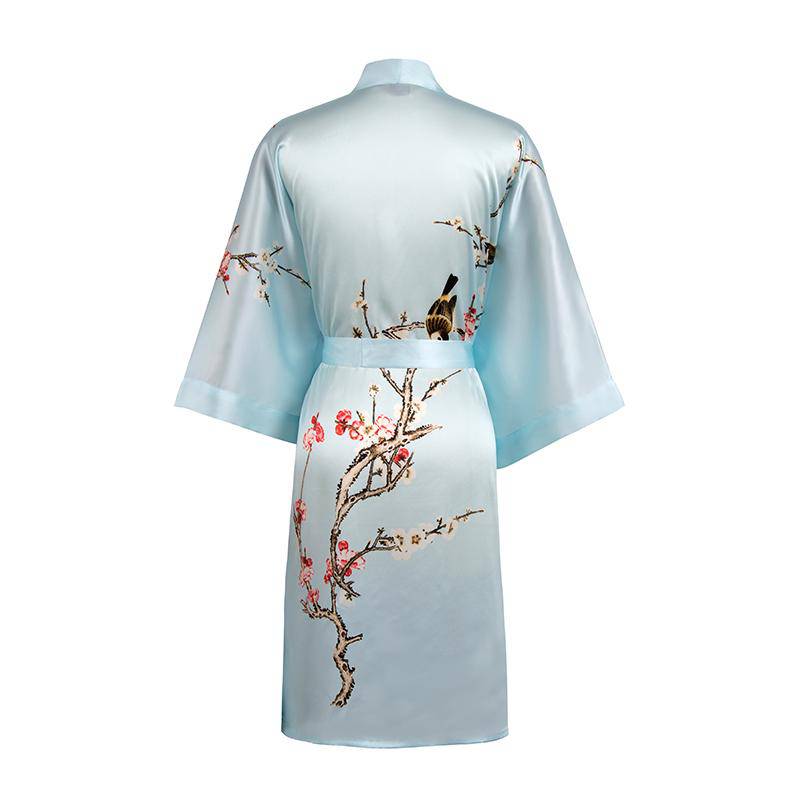 Short Silk Kimono Robe Cherry Blossom Silk Dressing Gown Light Blue One size fits most