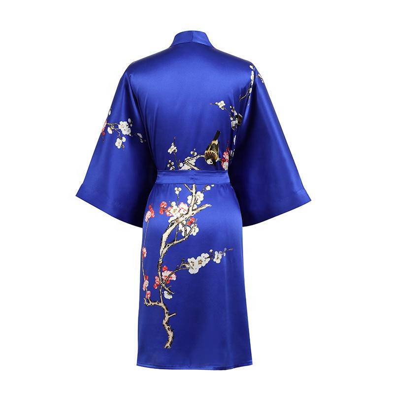 Short Silk Kimono Robe Cherry Blossom Silk Dressing Gown Blue One size fits most