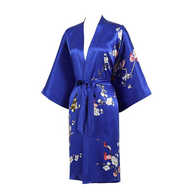 Short Silk Kimono Robe Cherry Blossom Silk Dressing Gown Blue One size fits most