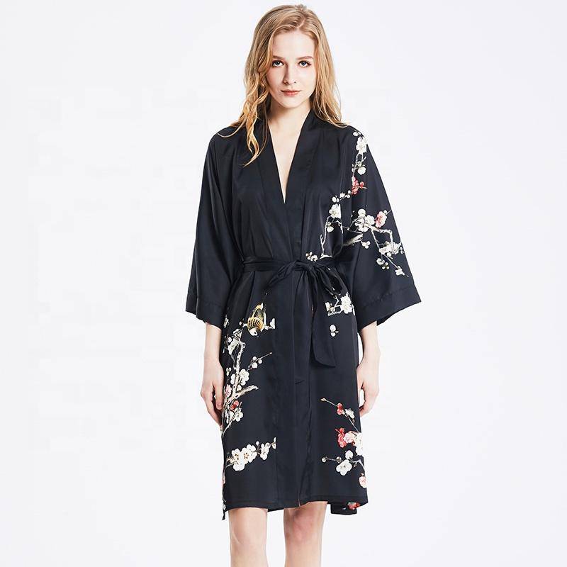 Short Silk Kimono Robe Cherry Blossom Silk Dressing Gown Black One size fits most