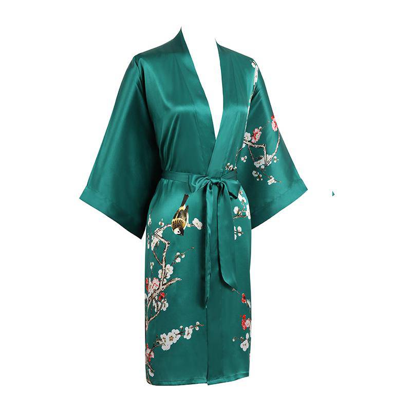 Short Silk Kimono Robe Cherry Blossom Silk Dressing Gown Green One size fits most
