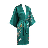 Short Silk Kimono Robe Cherry Blossom Silk Dressing Gown Green One size fits most