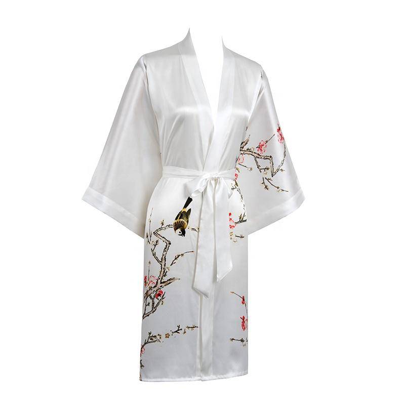 Short Silk Kimono Robe Cherry Blossom Silk Dressing Gown White One size fits most