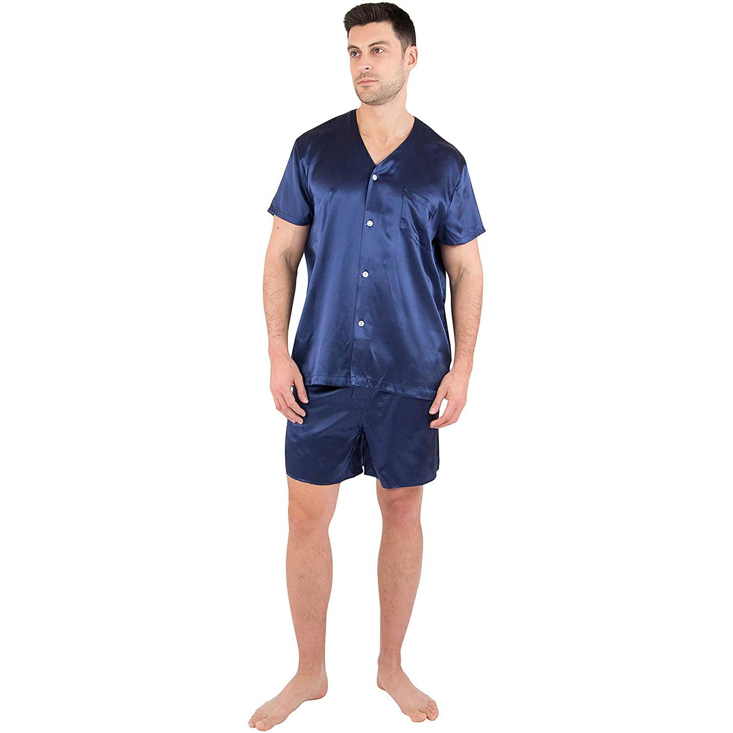 Mens Silk Pajamas Button Down Mens Silk Pajama Set Silk Shorts Set Navy Blue S
