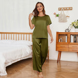 Womens Short Sleeve Silk Pajama Set Wide - Leg Pants Silk Pajamas Olive Green XS