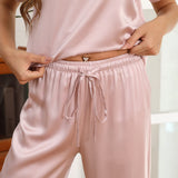 Womens Short Sleeve Silk Pajama Set Wide - Leg Pants Silk Pajamas Rosy Pink XS