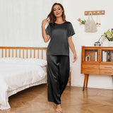 Womens Short Sleeve Silk Pajama Set Wide - Leg Pants Silk Pajamas Black XS