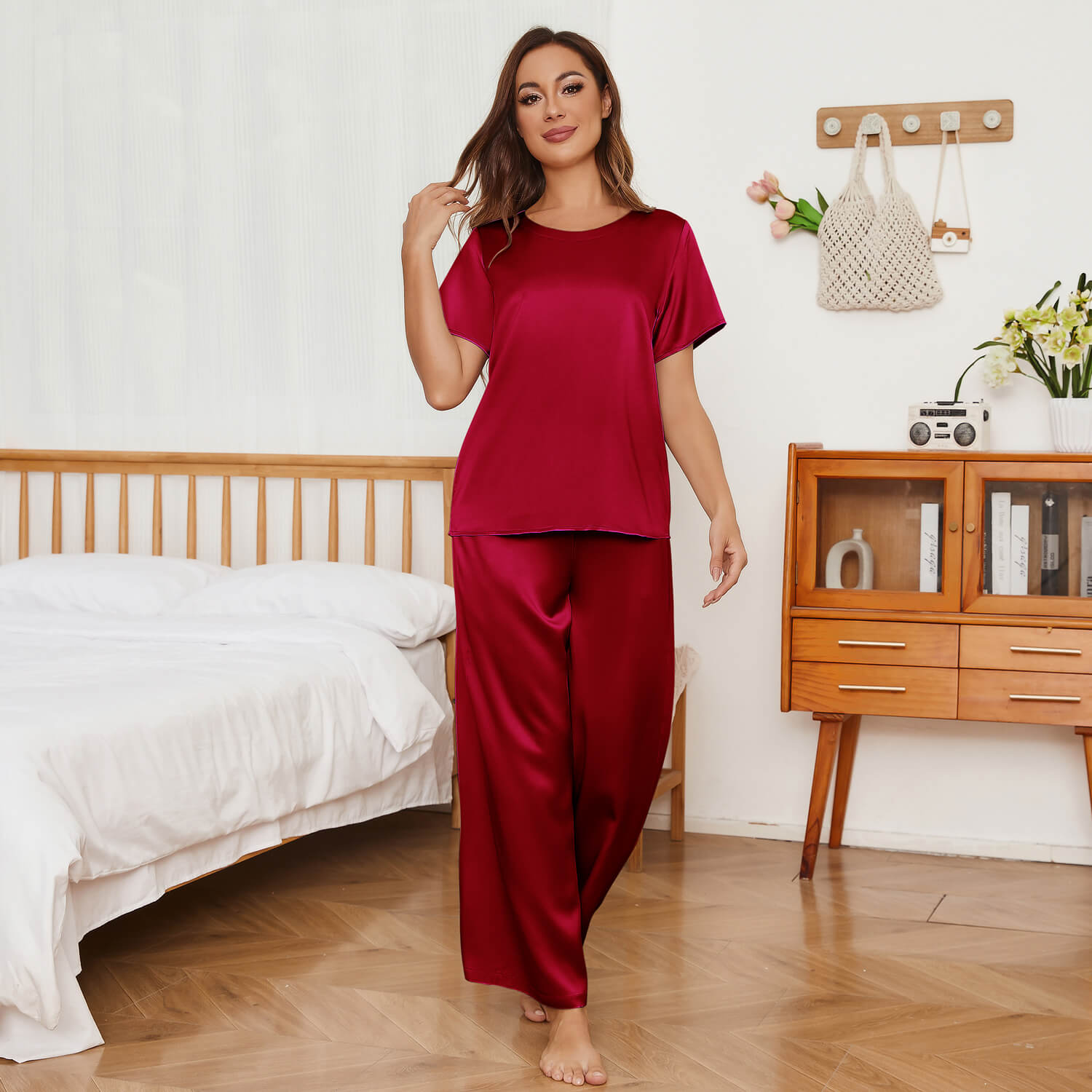 Womens Short Sleeve Silk Pajama Set Wide - Leg Pants Silk Pajamas Claret XS