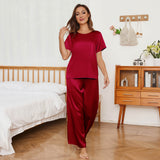 Womens Short Sleeve Silk Pajama Set Wide - Leg Pants Silk Pajamas Claret XS