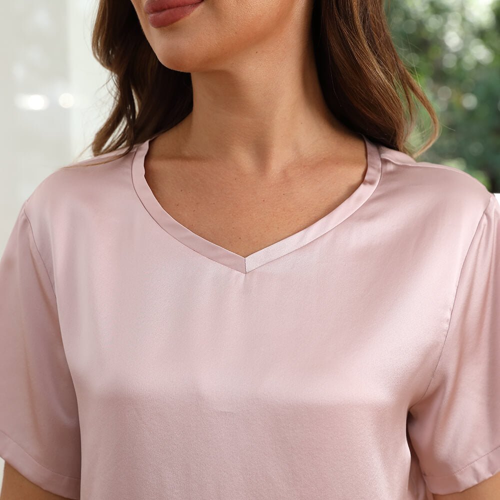 Women's Short Sleeve Silk Pajama Set With Wide Leg Pants Rosy Pink XS