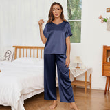 Women's Short Sleeve Silk Pajama Set With Wide Leg Pants Navy Blue XS