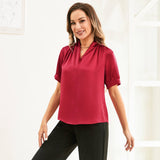 Womens Silk Blouse Red Silk Blouse Silk Short Sleeve Shirt V Neck Silk Shirt Claret XS