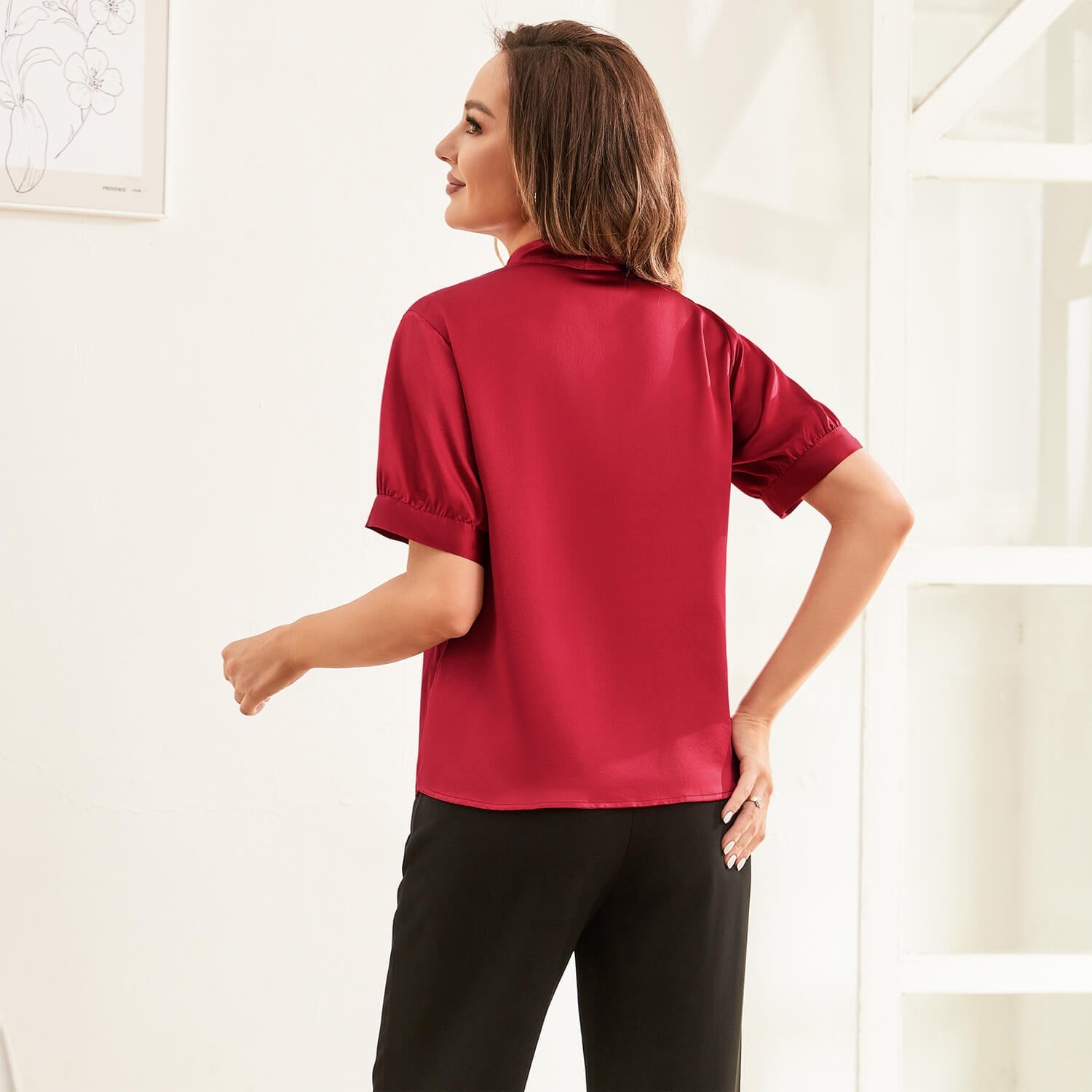 Womens Silk Blouse Red Silk Blouse Silk Short Sleeve Shirt V Neck Silk Shirt Claret XS