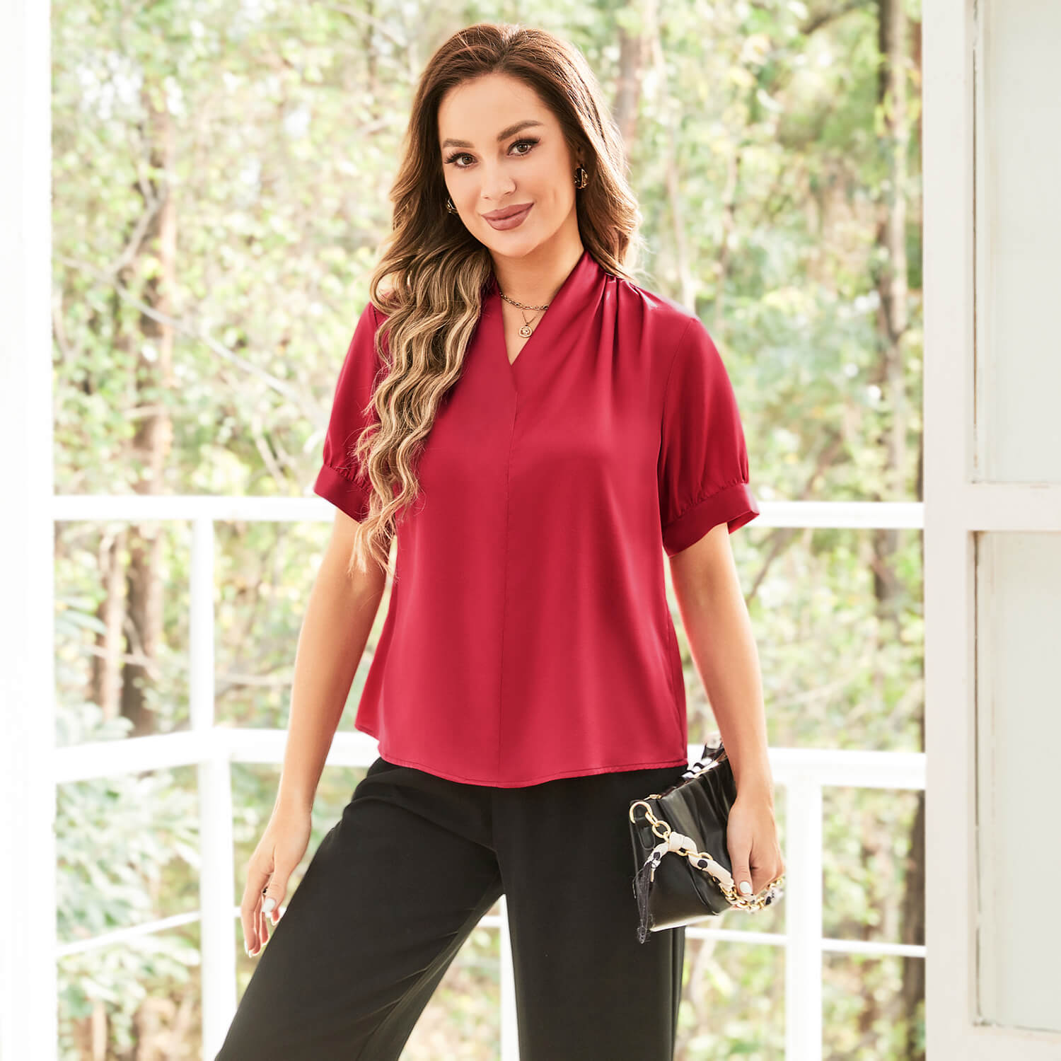 Womens Silk Blouse Red Silk Blouse Silk Short Sleeve Shirt V Neck Silk Shirt Claret XS