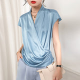 Short Sleeves Womens Silk Blouse V Neck Ladies Silk Tops Light Blue XS