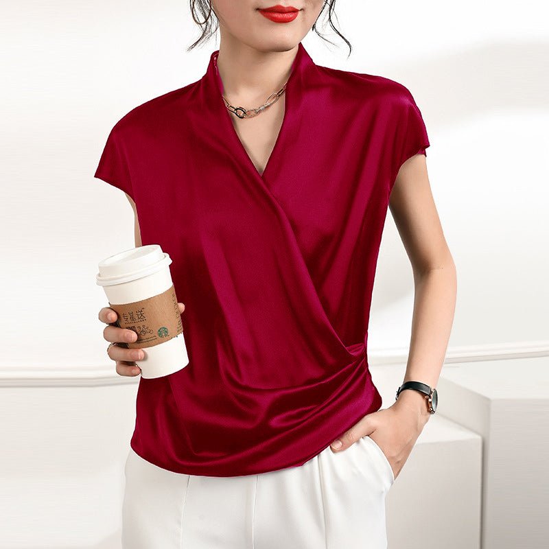 Short Sleeves Womens Silk Blouse V Neck Ladies Silk Tops Claret XS