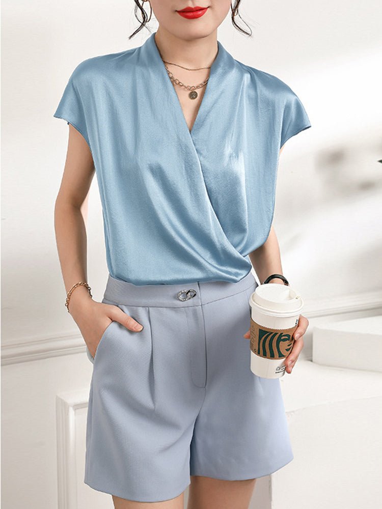 Short Sleeves Womens Silk Blouse V Neck Ladies Silk Tops Light Blue XS