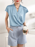 Short Sleeves Womens Silk Blouse V Neck Ladies Silk Tops Light Blue XS