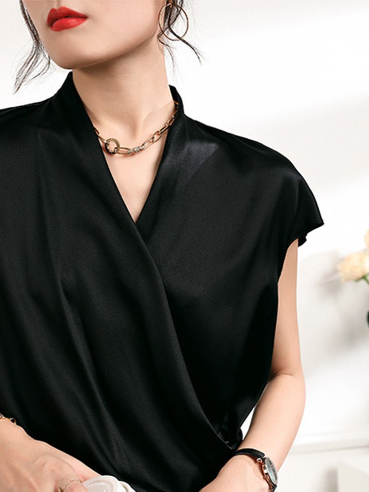 Short Sleeves Womens Silk Blouse V Neck Ladies Silk Tops Black XS