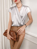 Short Sleeves Womens Silk Blouse V Neck Ladies Silk Tops Silvergray XS
