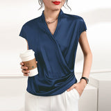 Short Sleeves Womens Silk Blouse V Neck Ladies Silk Tops Dark Blue XS