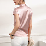 Short Sleeves Womens Silk Blouse V Neck Ladies Silk Tops Pink XS
