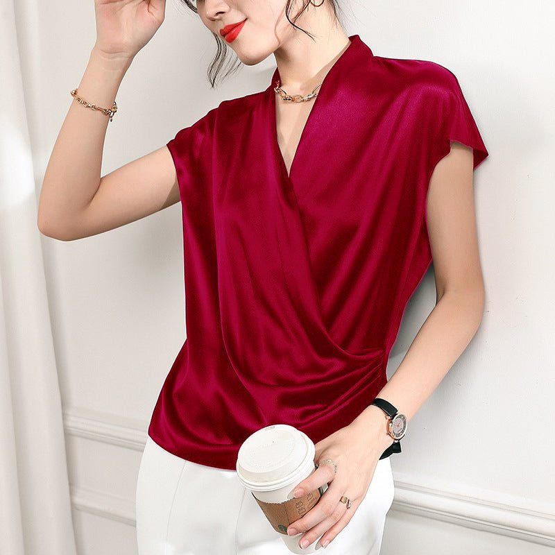 Short Sleeves Womens Silk Blouse V Neck Ladies Silk Tops Claret XS