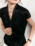 Short Sleeves Womens Silk Blouse V Neck Ladies Silk Tops Black XS