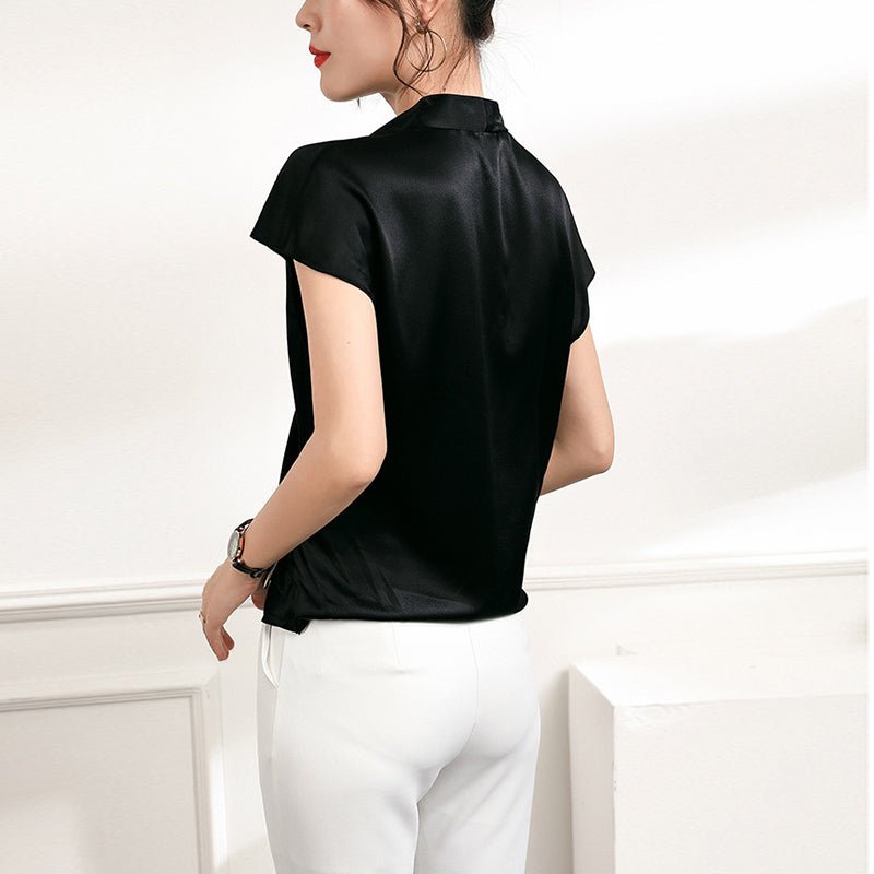 Short Sleeves Womens Silk Blouse V Neck Ladies Silk Tops Black XS