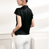 Short Sleeves Womens Silk Blouse V Neck Ladies Silk Tops Black XS