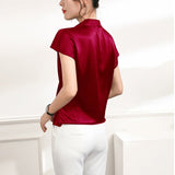 Short Sleeves Womens Silk Blouse V Neck Ladies Silk Tops Claret XS