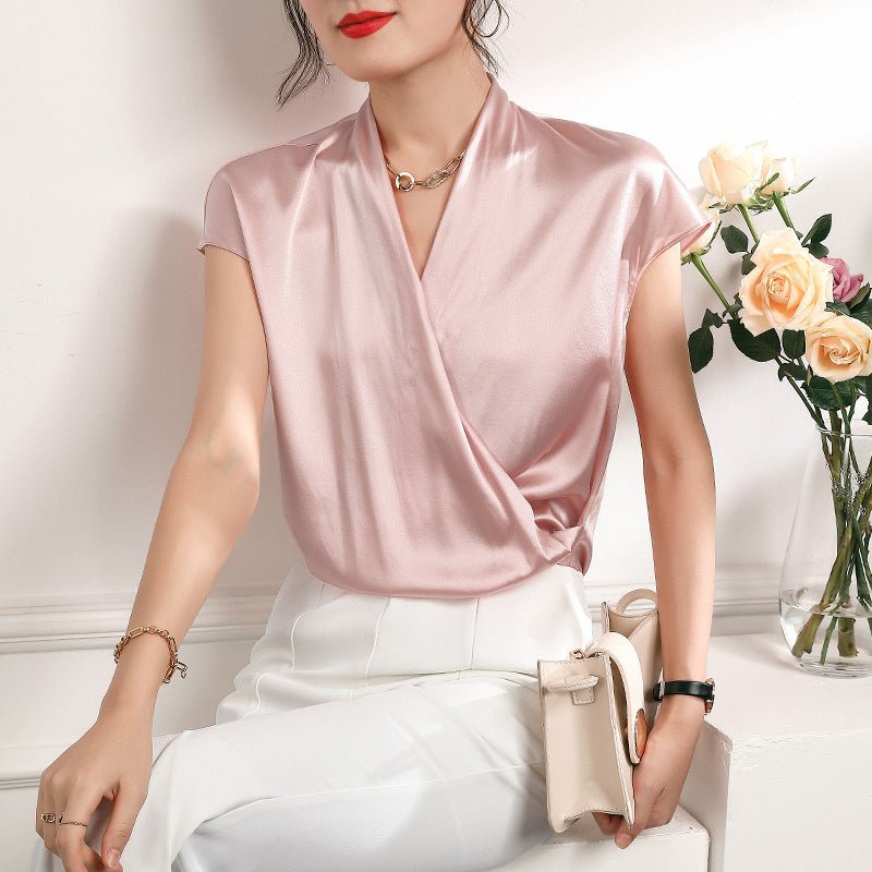 Short Sleeves Womens Silk Blouse V Neck Ladies Silk Tops Pink XS