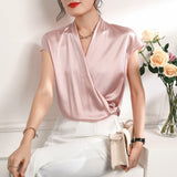 Short Sleeves Womens Silk Blouse V Neck Ladies Silk Tops Pink XS