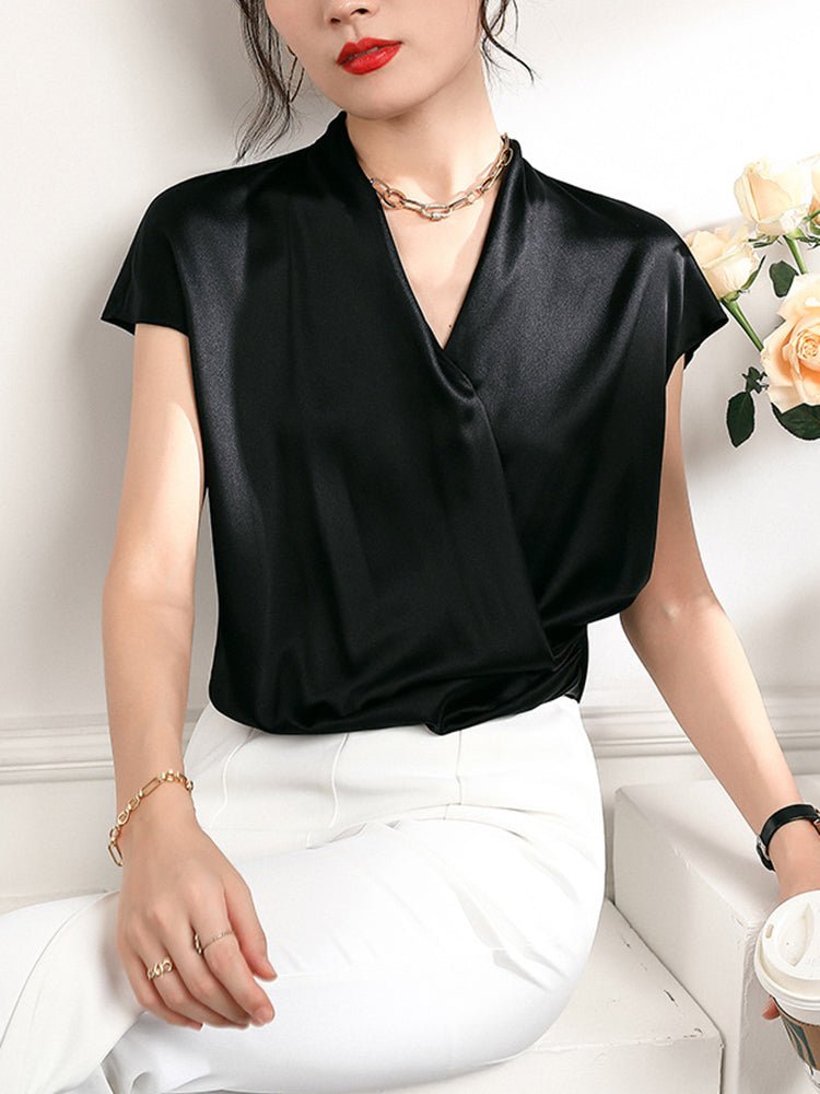 Short Sleeves Womens Silk Blouse V Neck Ladies Silk Tops Black XS