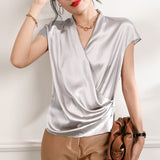 Short Sleeves Womens Silk Blouse V Neck Ladies Silk Tops Silvergray XS