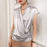 Short Sleeves Womens Silk Blouse V Neck Ladies Silk Tops Silvergray XS