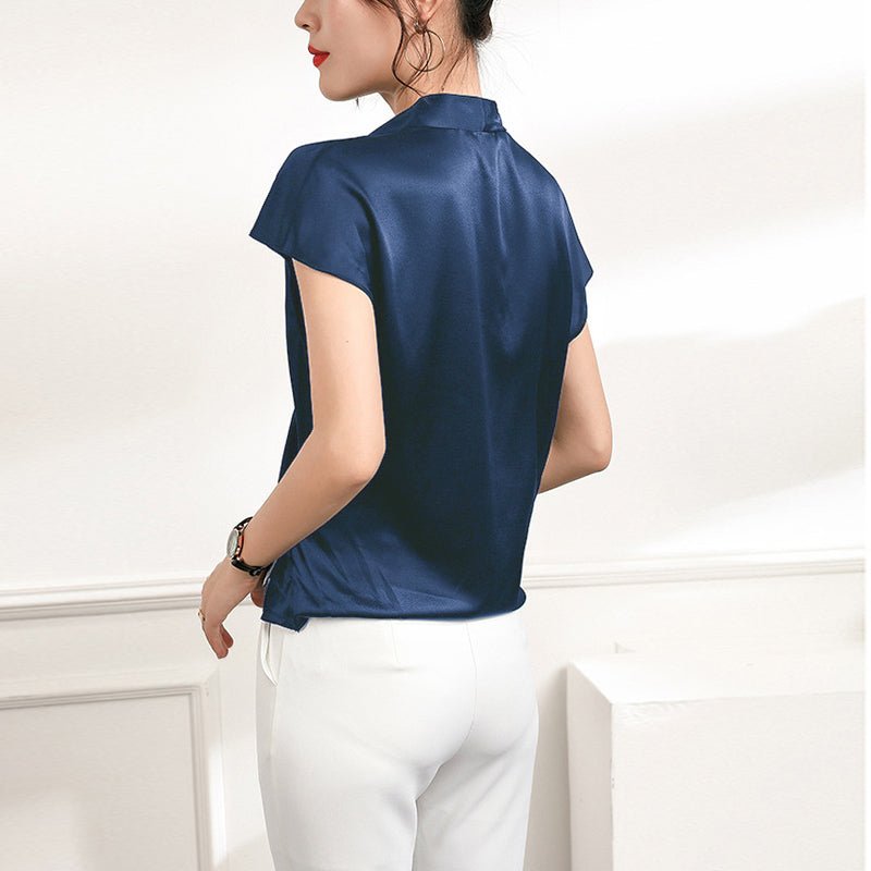 Short Sleeves Womens Silk Blouse V Neck Ladies Silk Tops Dark Blue XS