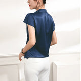 Short Sleeves Womens Silk Blouse V Neck Ladies Silk Tops Dark Blue XS