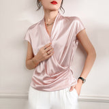 Short Sleeves Womens Silk Blouse V Neck Ladies Silk Tops Pink XS
