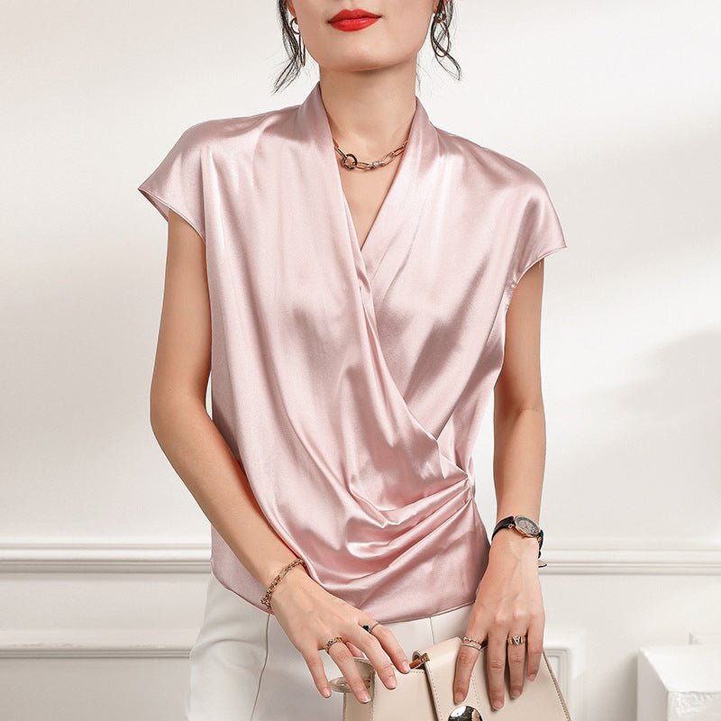 Short Sleeves Womens Silk Blouse V Neck Ladies Silk Tops Pink XS