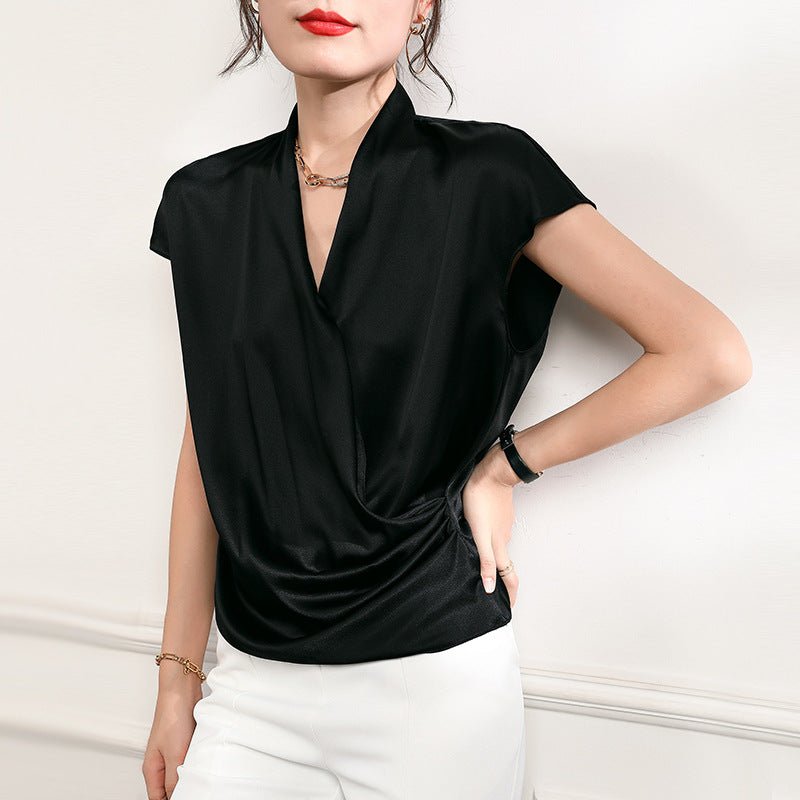 Short Sleeves Womens Silk Blouse V Neck Ladies Silk Tops Black XS