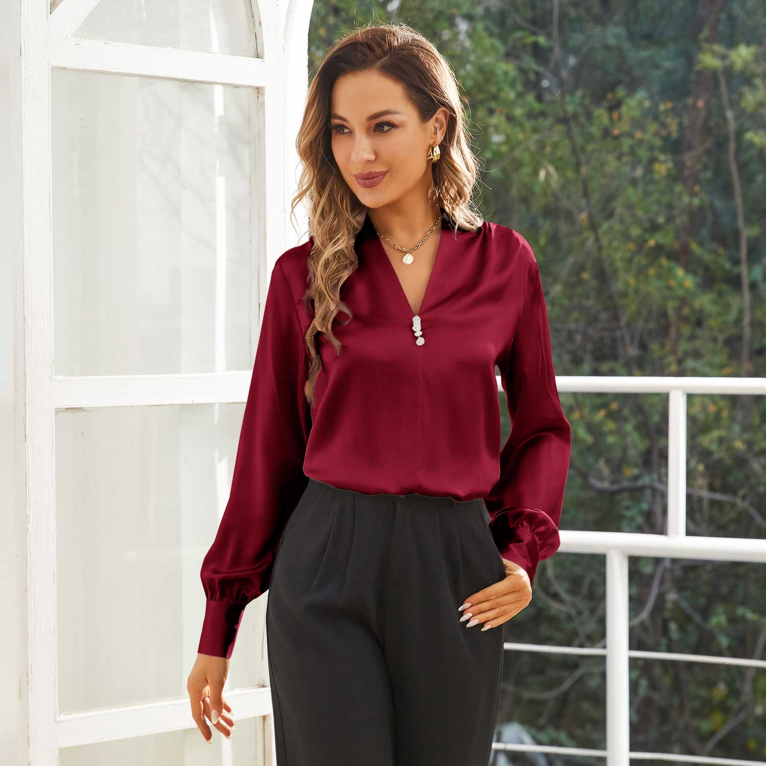 Silk Blouse For Women Silk Shirts 100% Mulberry Silk Top Claret XS