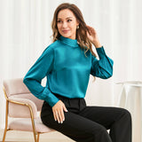 Silk Blouses For Women 100% Stand Collar Office Silk Shirts Dark Teal XS