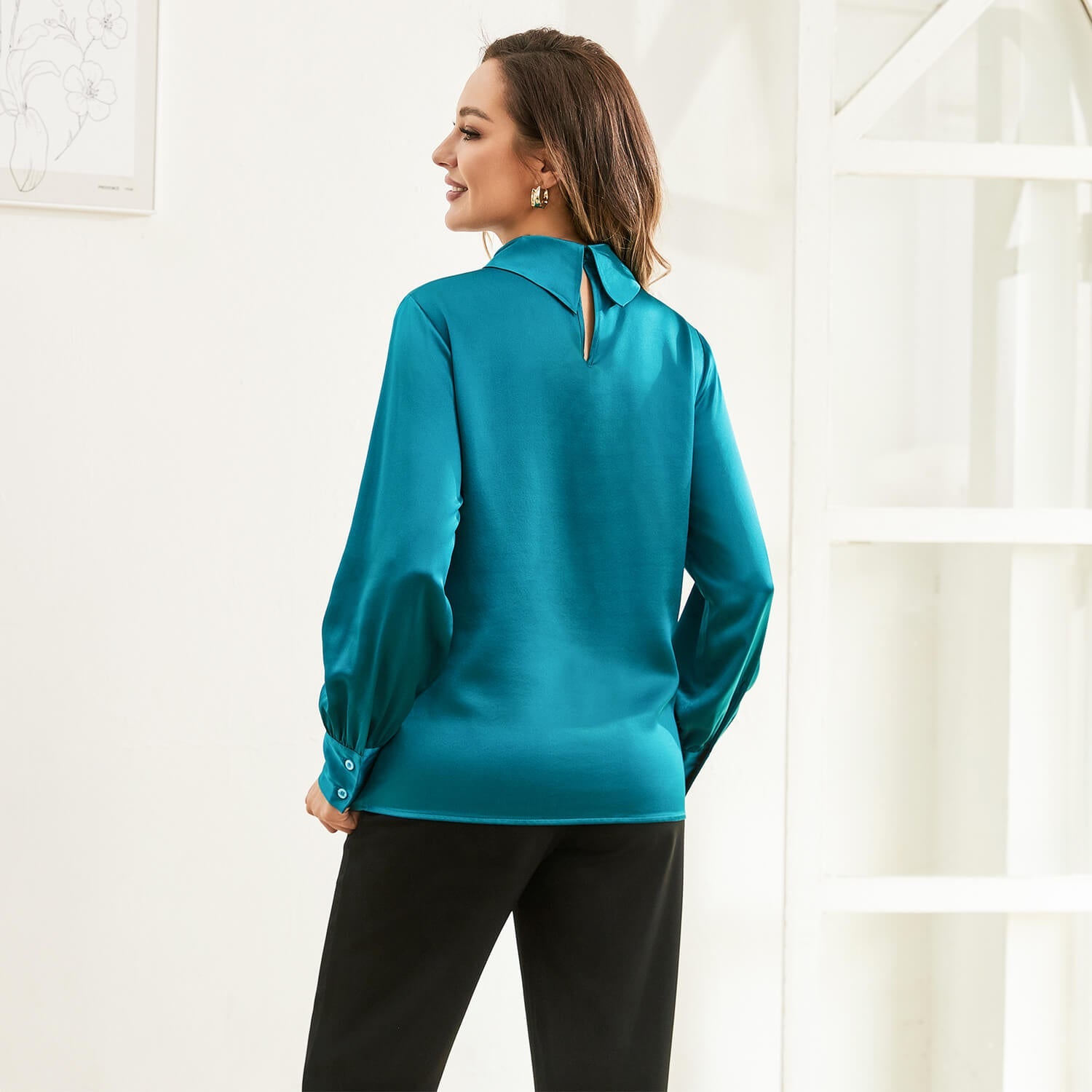 Silk Blouses For Women 100% Stand Collar Office Silk Shirts Dark Teal XS