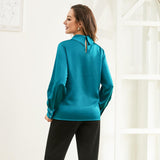 Silk Blouses For Women 100% Stand Collar Office Silk Shirts Dark Teal XS