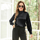 Silk Blouses For Women 100% Stand Collar Office Silk Shirts Black XS