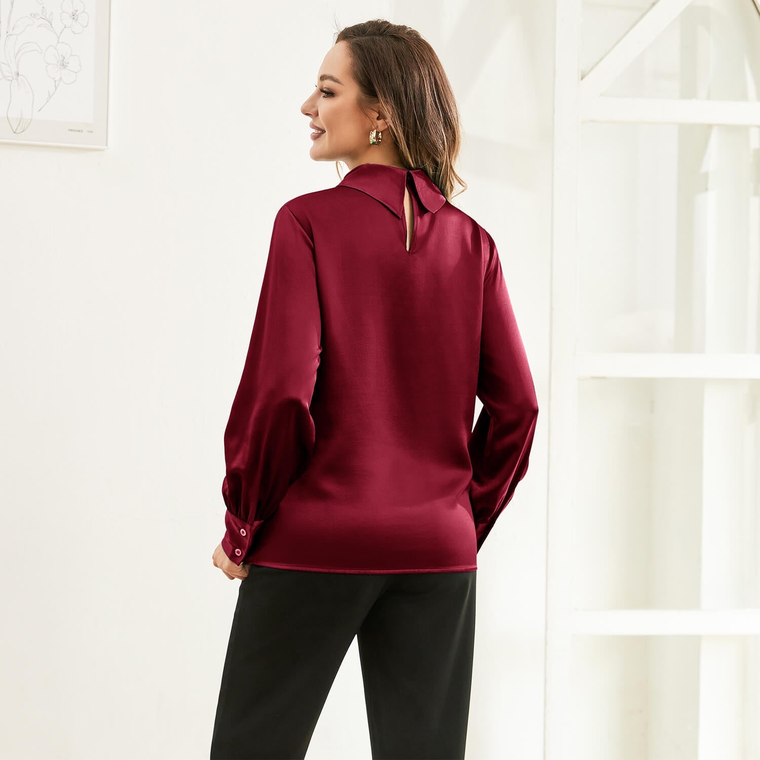 Silk Blouses For Women 100% Stand Collar Office Silk Shirts Claret XS