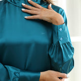 Silk Blouses For Women 100% Stand Collar Office Silk Shirts Dark Teal XS