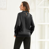 Silk Blouses For Women 100% Stand Collar Office Silk Shirts Black XS